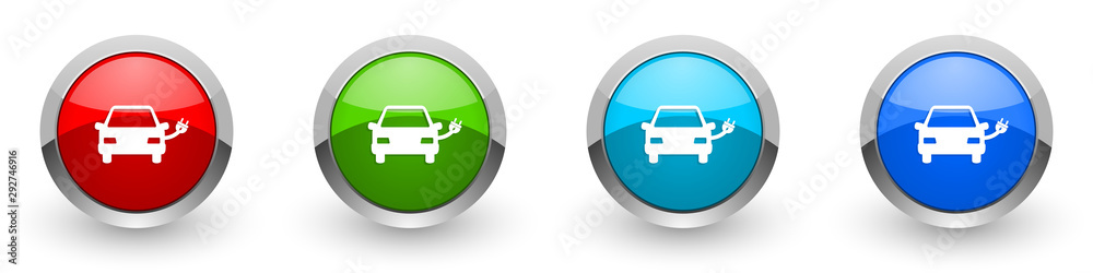 Electric car, power silver metallic glossy icons, red, set of modern design buttons for web, internet and mobile applications in four colors options isolated on white background Electric car, power silver metallic glossy icons, red, set of modern design buttons for web, internet and mobile applications in four colors options isolated on white background