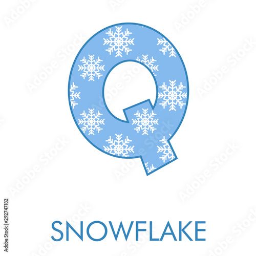 Logotipo letra Q con patrón con estrellas de nieve en blanco y azul