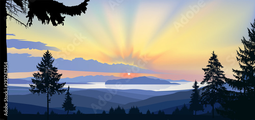 Wild terrain background. Lake (river) and pine forest. Sunset. Yellow and blue tones.