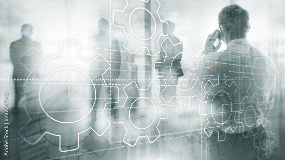 Fototapeta premium Business technology internet concept double exposure gears abstract background.