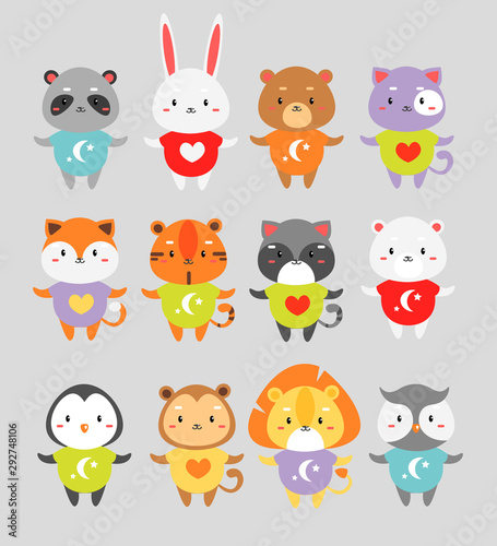 Cute animals flat vector illustrations set. Little rabbit  fox  tiger in color pajamas isolated cartoon characters. Bear  cat  monkey children toys cliparts pack. Wild mammals collection.
