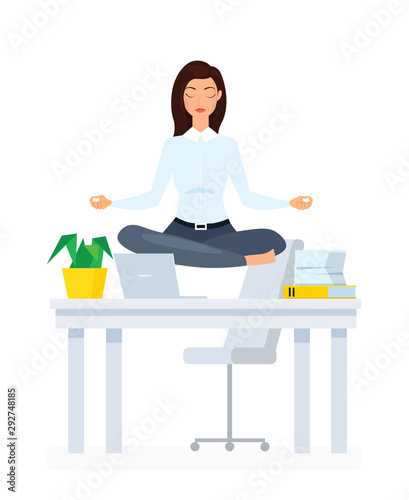 Meditating office employee flat illustration. Businesswoman practicing yoga cartoon vector character. Staff relaxation, stress relief, rest break, useful sport exercises, calm down idea.