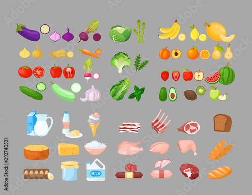 Food cartoon vector illustrations set. Fruits, vegetables, bakery, dairy and meat produce. Foodstuff isolated cliparts pack. Good nutrition concept. Grocery store, supermarket assortment.
