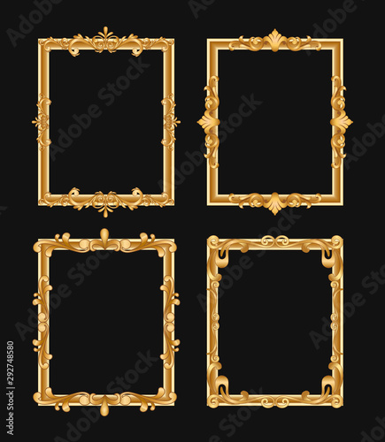 Golden vintage decorative vector frames set. Filigree border with text space illustration. Isolated calligraphic rectangles with copyspace. Invitation, greeting card, poster design element.