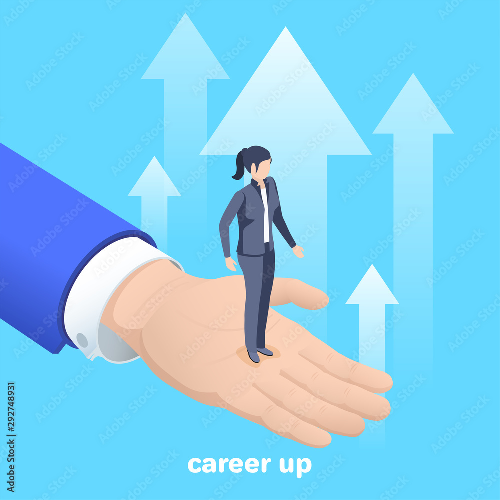 Fototapeta premium isometric vector image on a blue background, a girl in a business suit stands in the palm of a man, career growth and promotion