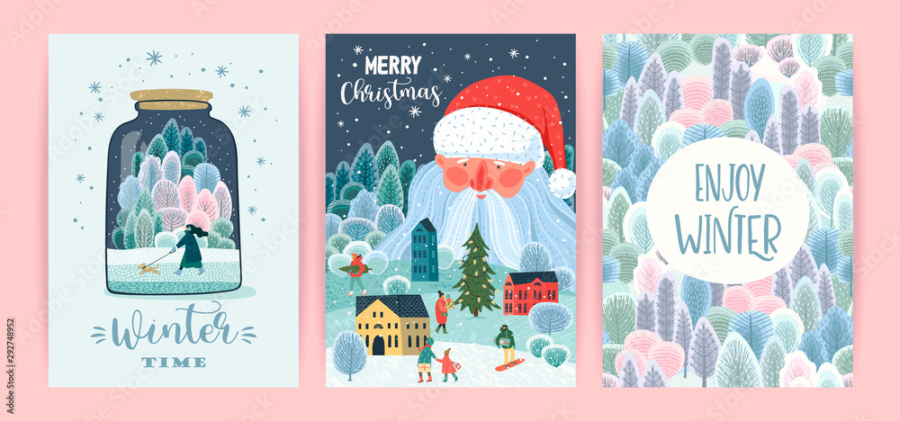 Set of Christmas and Happy New Year illustrations. Vector design templates.