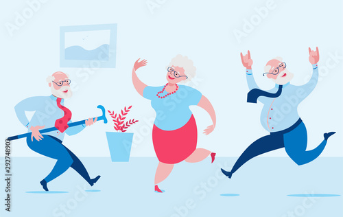 Elderly men and a woman are dancing merrily.