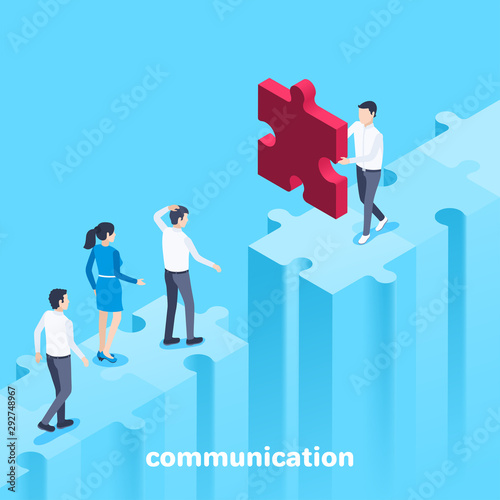 isometric vector image on a blue background, people in business clothes on the bridge from the puzzle, communication and teamwork
