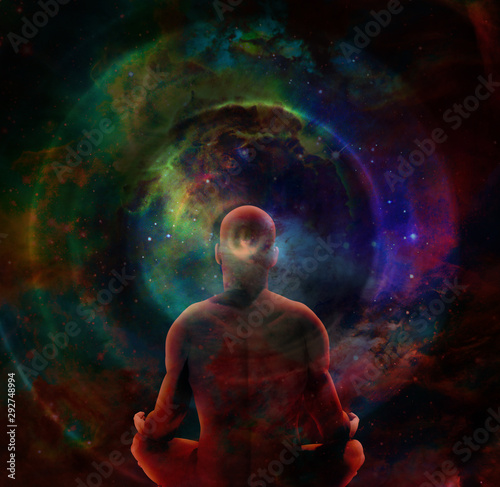Man in lotus position sits before endless spaces