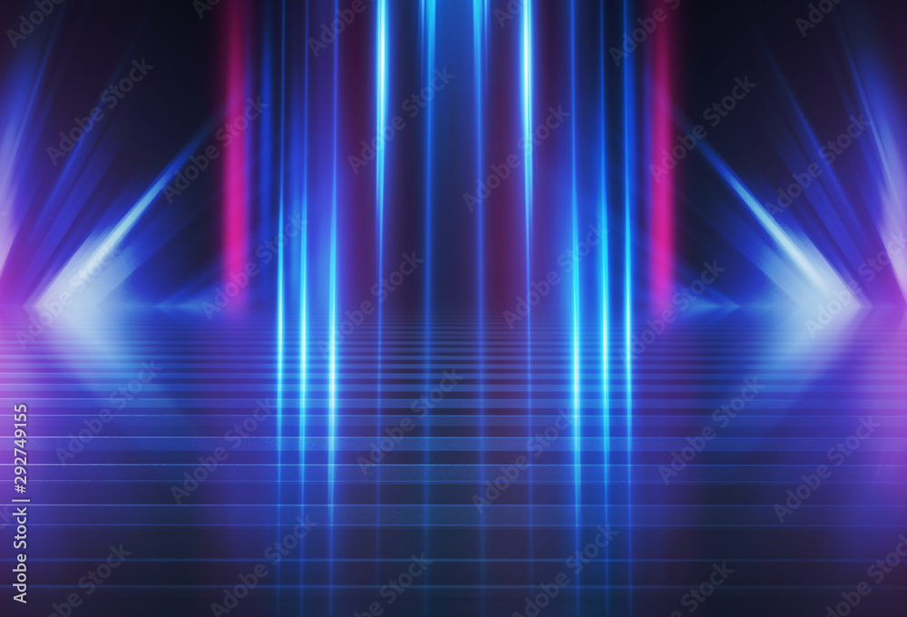 Empty background scene. Dark street reflection on wet asphalt. Rays of neon light in the dark, neon shapes, smoke. Background of an empty stage show. Abstract dark background. Empty background scene. Dark street reflection on wet asphalt. Rays of neon light in the dark, neon shapes, smoke. Background of an empty stage show. Abstract dark background.