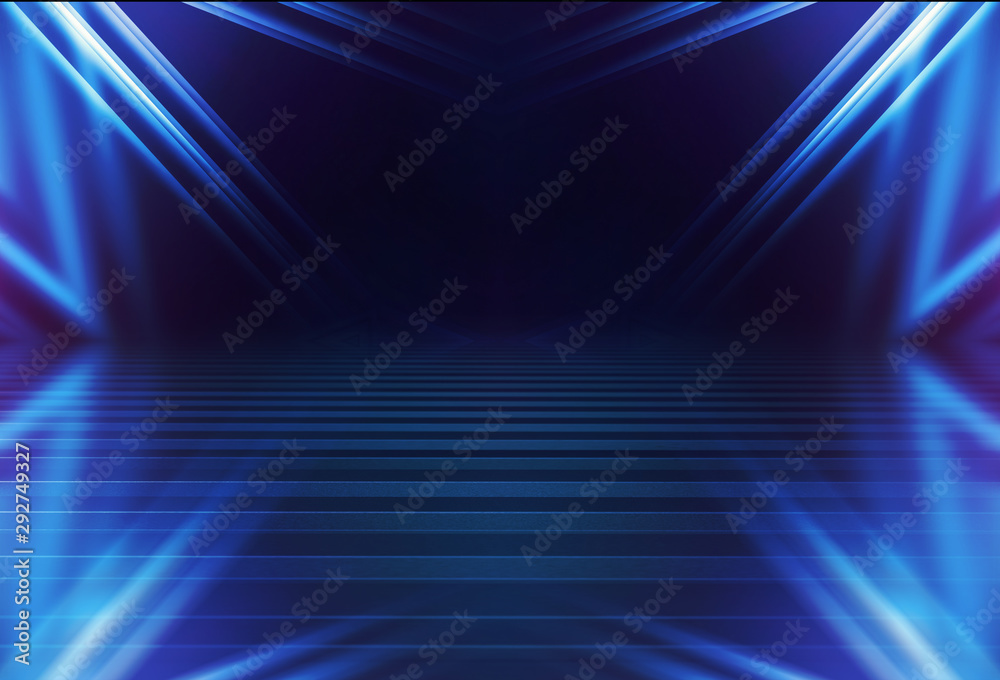 Fototapeta premium Empty background scene. Dark street reflection on wet asphalt. Rays of neon light in the dark, neon shapes, smoke. Background of an empty stage show. Abstract dark background.