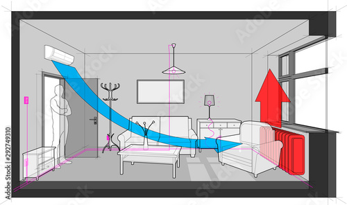 single room furnished with sofa and chair and table and cabinets and ceiling lamp and cloths hanger and painting on the wall cooled with wall mounted air conditioner  and with electric installations a