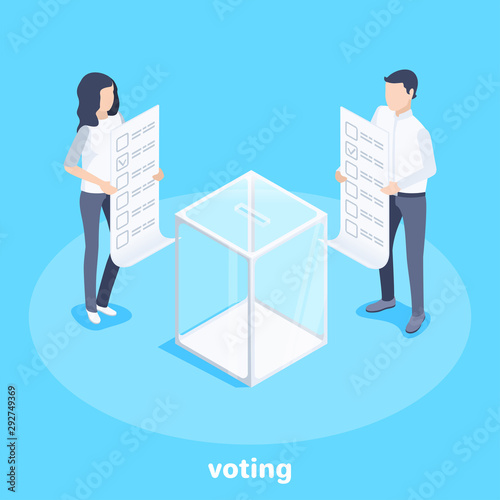 isometric vector image on a blue background, a man and a woman in business clothes holding ballots while standing by a glass box for voting