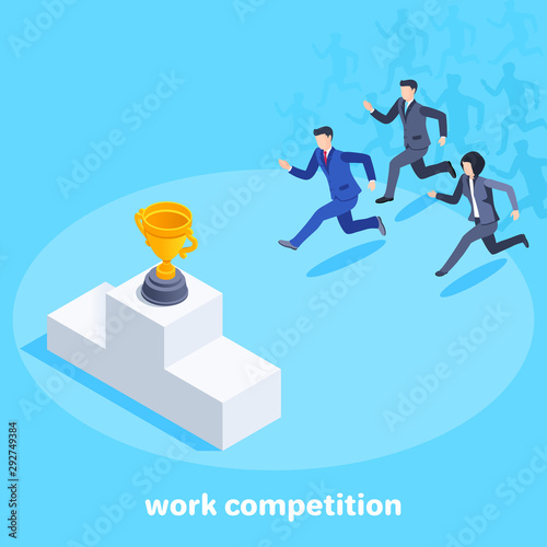 isometric vector image on a blue background, men and women in business clothes run to the podium with a cup, business competition and confrontation