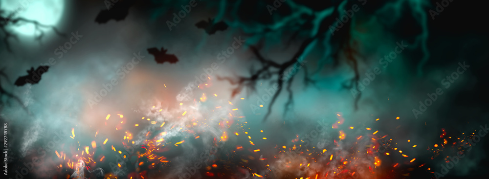 Fantasy Halloween Background. Beautiful dark deep forest backdrop with smoke, fire, vampire bats. Halloween magic holiday collage Art design, mysterious Frame. Copy space for your text. Wide screen