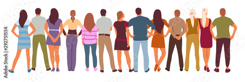 vector illustration group of back view people group, man, woman, boy and girl standing pose characters, worker and casual isolated person on white background. vector creation with flat design.