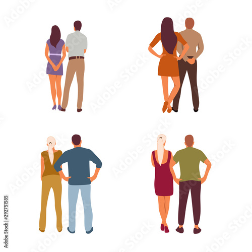 vector illustration group of back view set of people group, couple girl and boy standing pose characters, worker and casual isolated person on white background. vector creation with flat design.