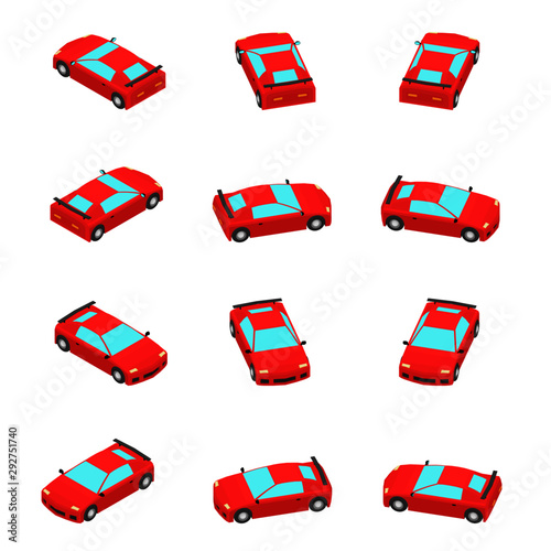 Animation of the rotation sport car in isometric view. Red car coupe with different viewing angles.