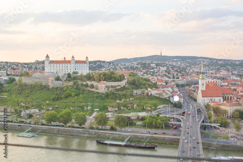 Beautiful view of the Bratislava castle on the banks of the Danube in the old town of Bratislava, Slovakia on a sunny summer day