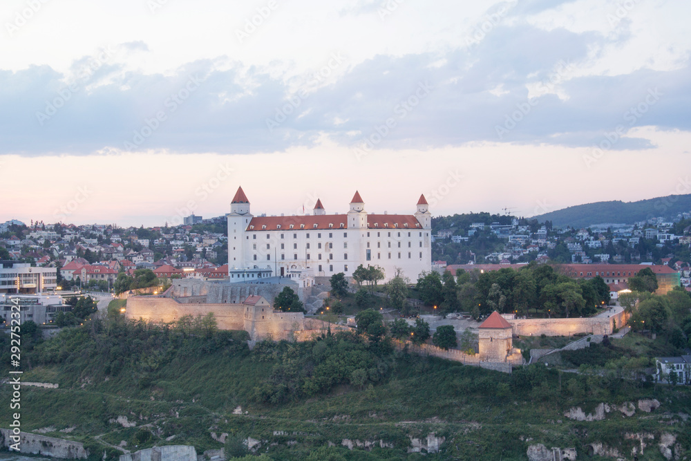 Beautiful view of the Bratislava castle on the banks of the Danube in the old town of Bratislava, Slovakia on a sunny summer day