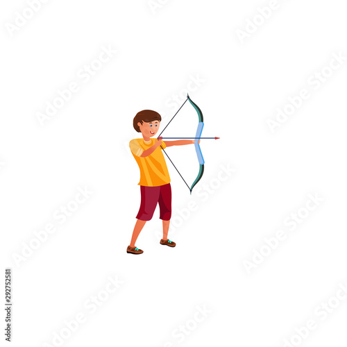 A teenage boy shoots from a bow. Vector illustration in a flat cartoon style.