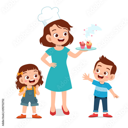 happy cute chef mom cook cupcake for kids