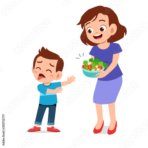 cute kids do not want eat salad