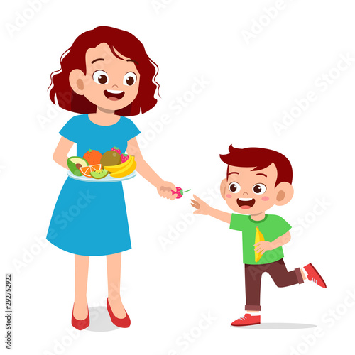 cute happy kid eat salad vegetable fruits