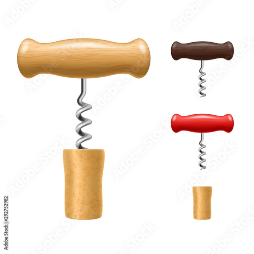 Realistic Detailed 3d Corkscrew and Cork Set. Vector