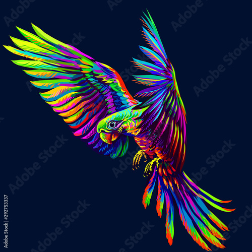 Portrait of a macaw parrot in flight. Abstract, multi-colored image on a dark blue background.