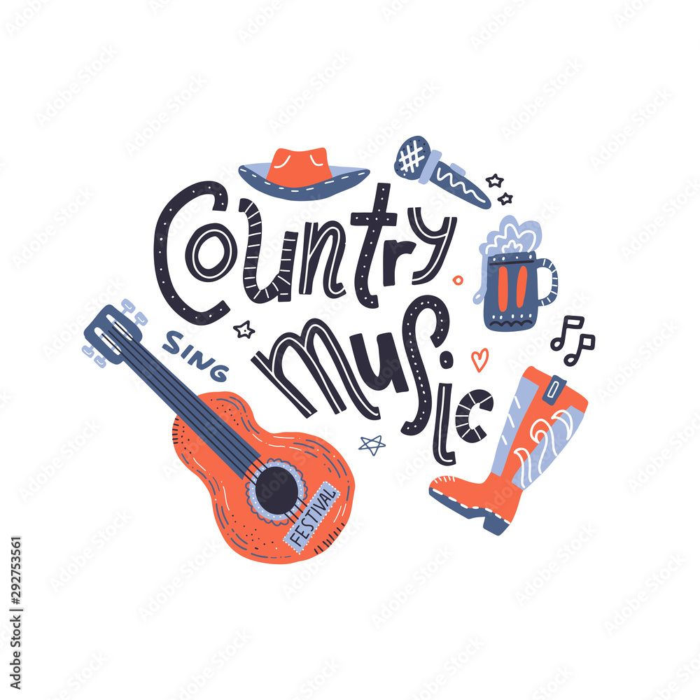 Country music print for postcards or festival banners. Vector hand ...