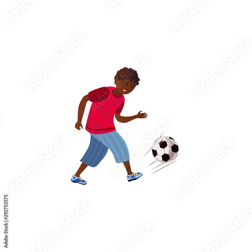 A teenager is playing soccer in a red t-shirt. Vector illustration in a flat cartoon style. © greenpicstudio