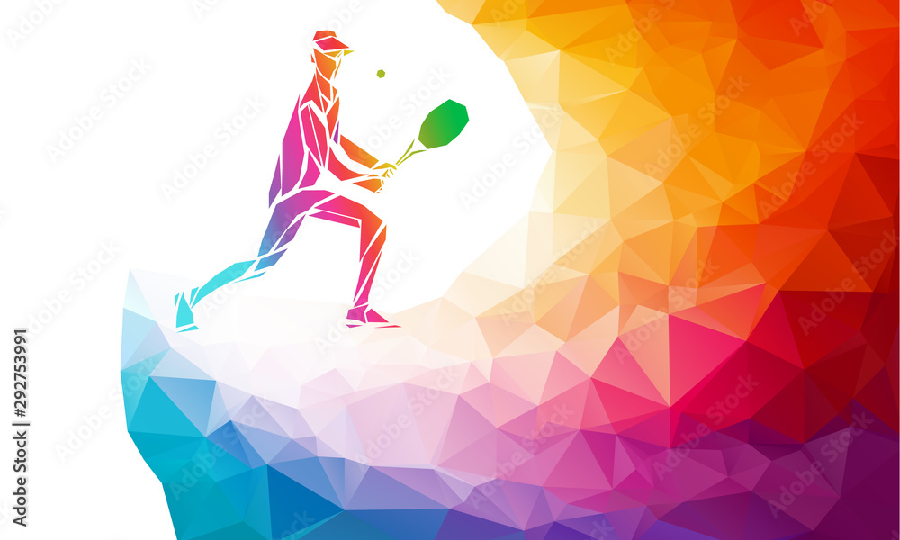 Creative silhouette of tennis player. Racquet sport vector illustration or banner template in trendy abstract colorful polygon style with rainbow back