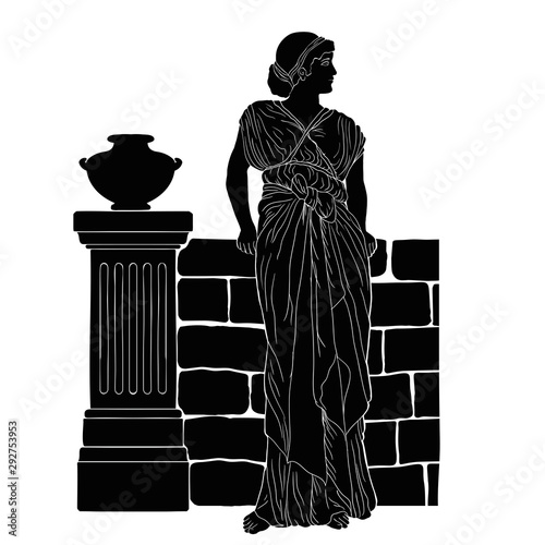 A young woman stands near a stone parapet with jugs.