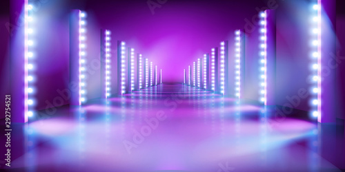 Show on the stage. Fashion runway. Purple background. Vector illustration.