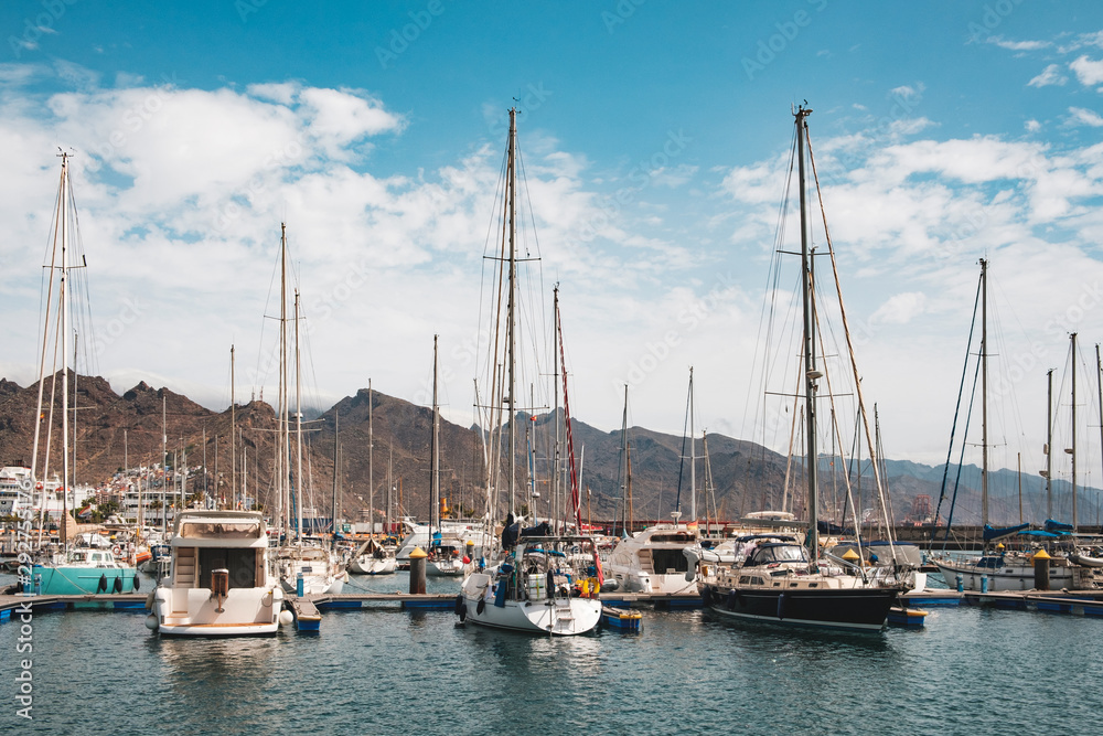 Sailing boats, motor boats and yachts at Santa Cruz Marina Harbour