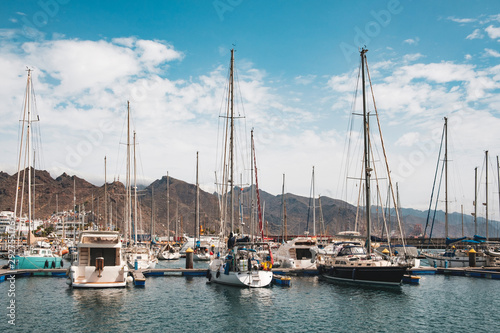 Sailing boats, motor boats and yachts at Santa Cruz Marina Harbour