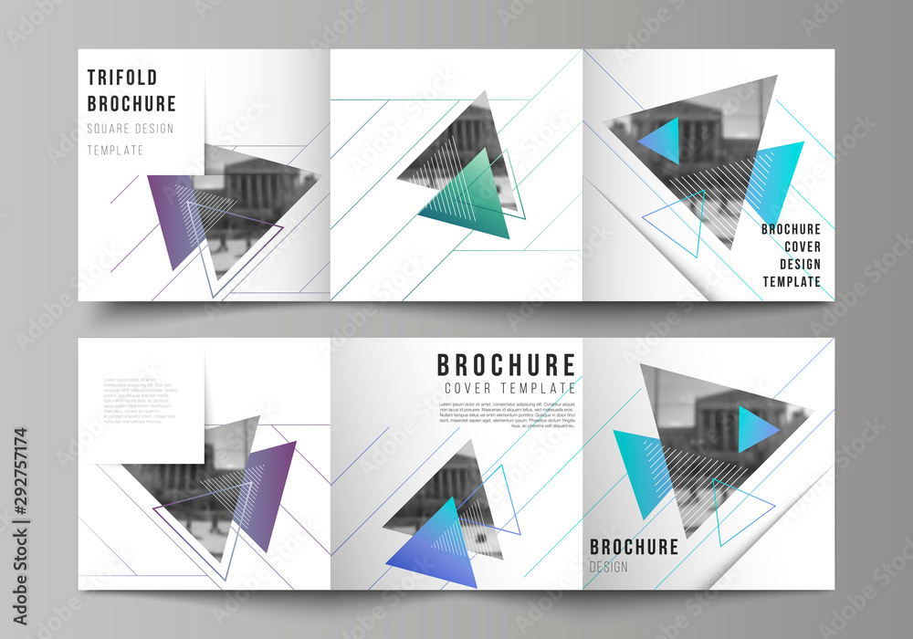 The minimal vector editable layout of square format covers design templates for trifold brochure, flyer, magazine. Colorful polygonal background with triangles, modern memphis pattern. The minimal vector editable layout of square format covers design templates for trifold brochure, flyer, magazine. Colorful polygonal background with triangles, modern memphis pattern.