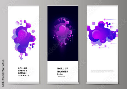 The vector illustration of the editable layout of roll up banner stands, vertical flyers, flags design business templates. Black background with fluid gradient, liquid blue colored geometric element. © Raevsky Lab