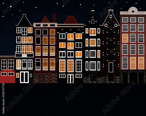 Amsterdam traditional houses in the night time, vector illusatrtion in flat style photo