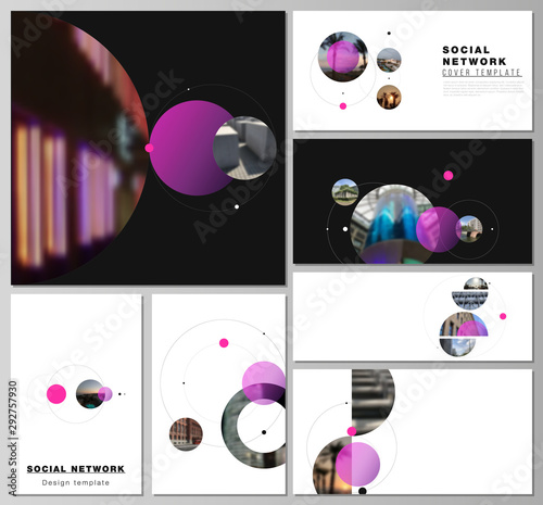 The minimalistic vector layouts of modern social network mockups in popular formats. Simple design futuristic concept. Creative background with circles and round shapes that form planets and stars.