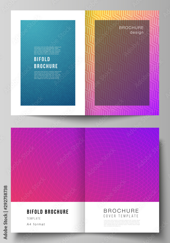 Fototapeta premium Vector layout of two A4 format modern cover mockups design templates for bifold brochure, magazine, flyer, booklet, annual report. Abstract geometric pattern with colorful gradient business background