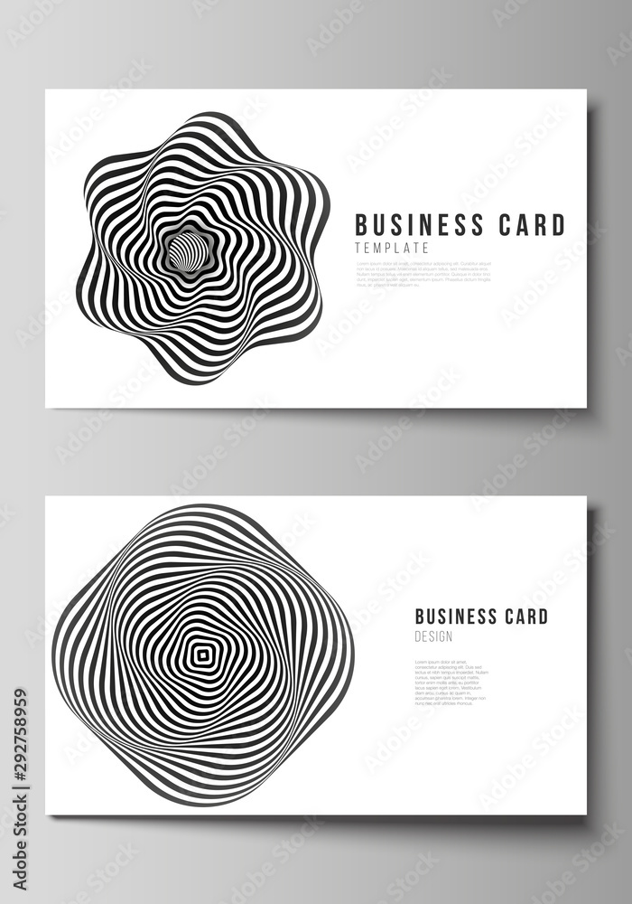 The minimalistic abstract vector illustration layout of two creative business cards design templates. Abstract 3D geometrical background with optical illusion black and white design pattern.