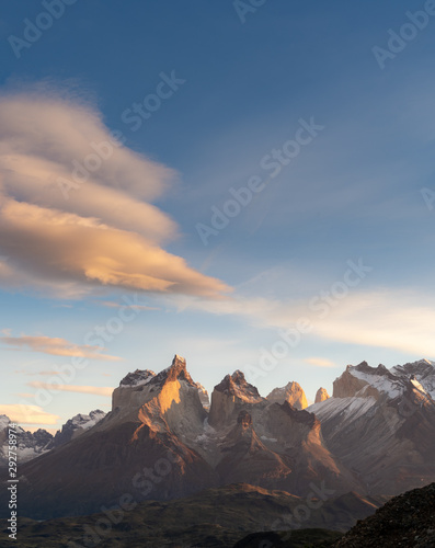 Beautiful light bathes los Cuernos del Paine Peak in Torres del Paine National Park Chile. Patagonia.