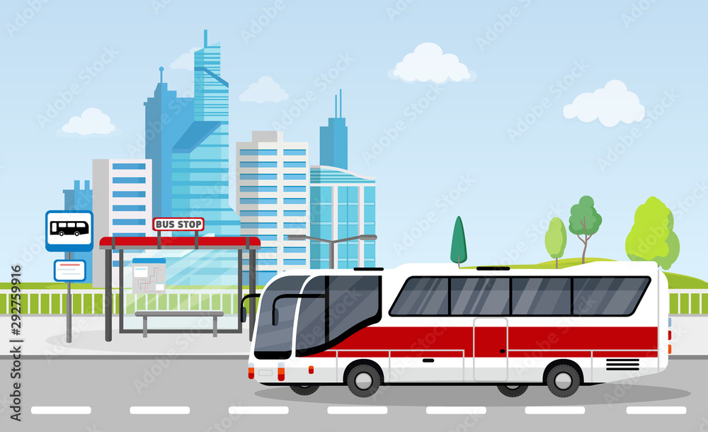 Bus stop with sign and timetable on city background with skyscrapers Bus stop with sign and timetable on city background with skyscrapers