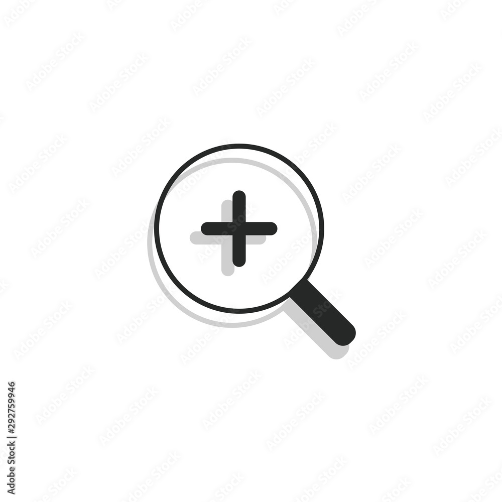 Magnifying glass or search with plus in the middle, icon with a shadow behind on isolated background Magnifying glass or search with plus in the middle, icon with a shadow behind on isolated background