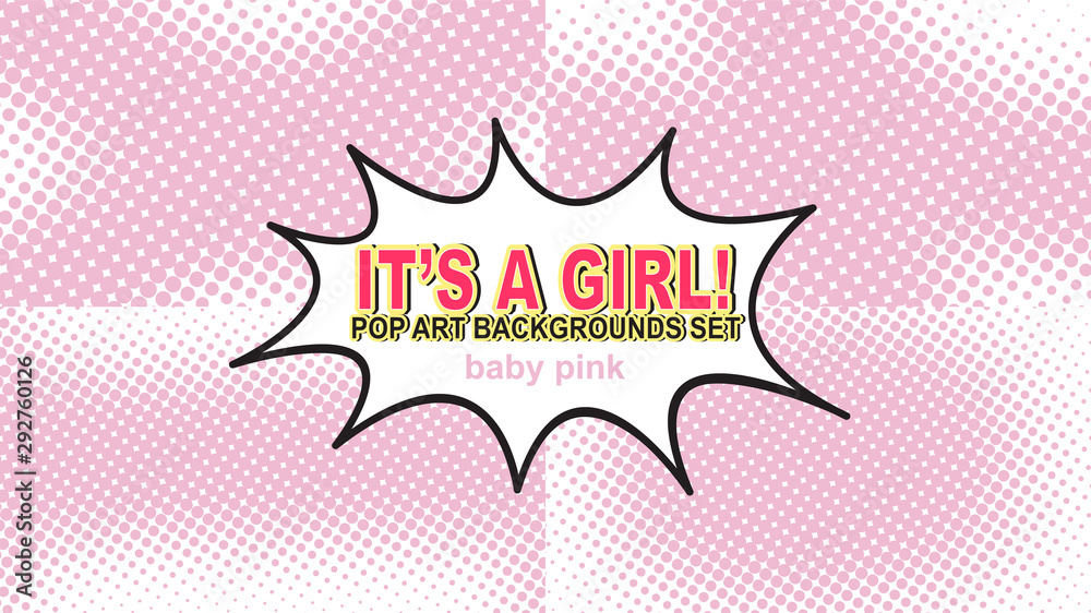 Baby pink background set with halftone dots in pop art style, vector retro  comic dotted backgrounds design for Girl Baby Shower card, poster, banner,  etc Stock Vector | Adobe Stock