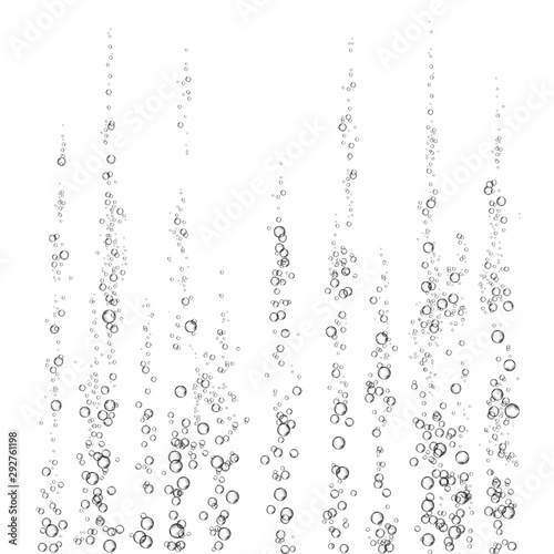 Black fizzing air bubbles in water on white background. .