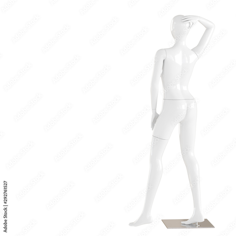 A white female mannequin stands on an iron mount on an isolated white background. 3D rendering A white female mannequin stands on an iron mount on an isolated white background. 3D rendering