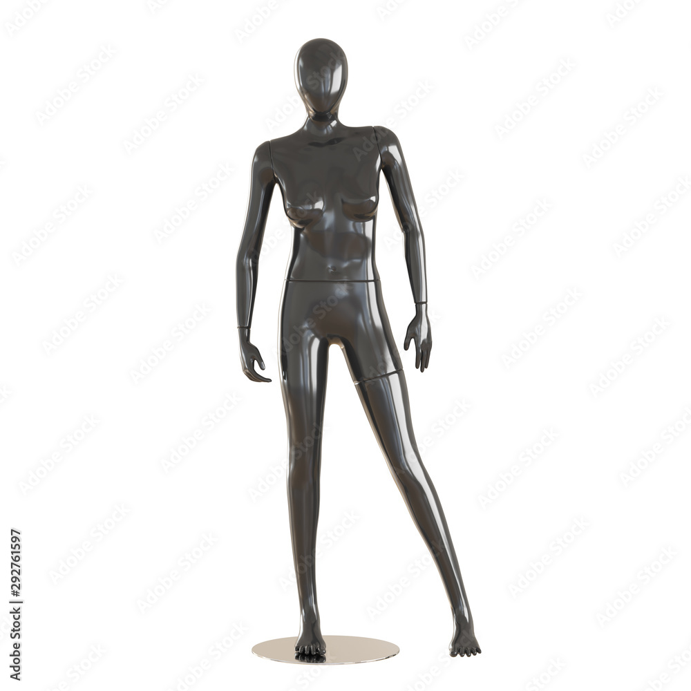 A faceless female black mannequin stands on an isolated white background. 3D rendering A faceless female black mannequin stands on an isolated white background. 3D rendering
